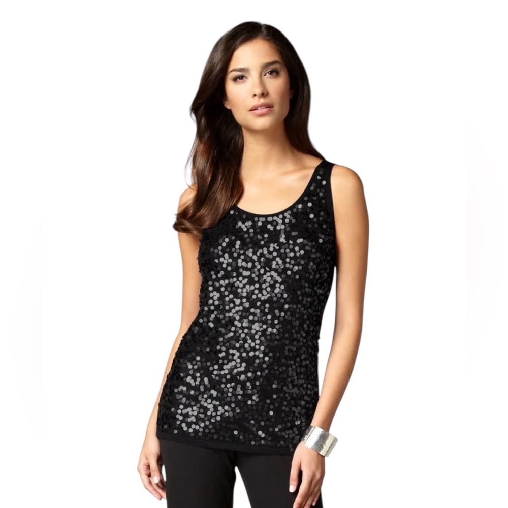 EILEEN FISHER Black Sequin Old Money Luxury Tank Merino Wool Top S